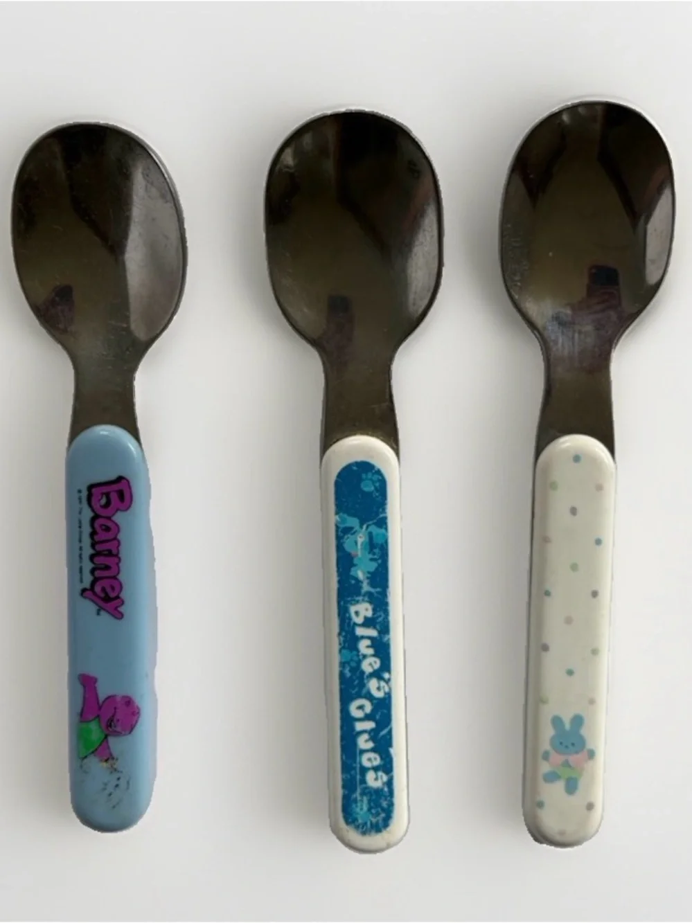 Vintage 90s Toddler Spoon Lot Barney Blues Clues Bunny Stainless Steel Flatware